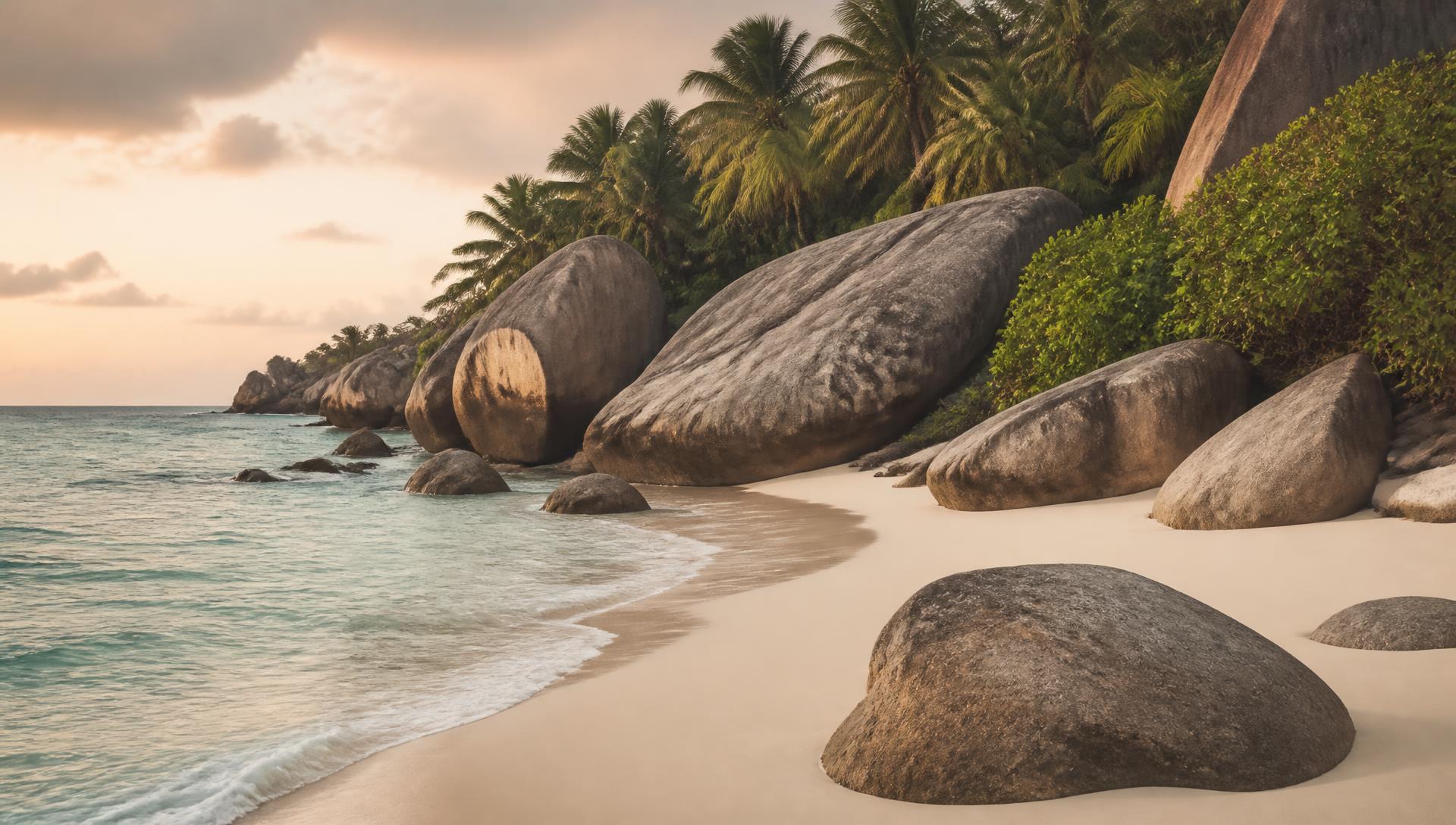 granite boulders and turquoise water on a quiet seychelles beach at golden hour