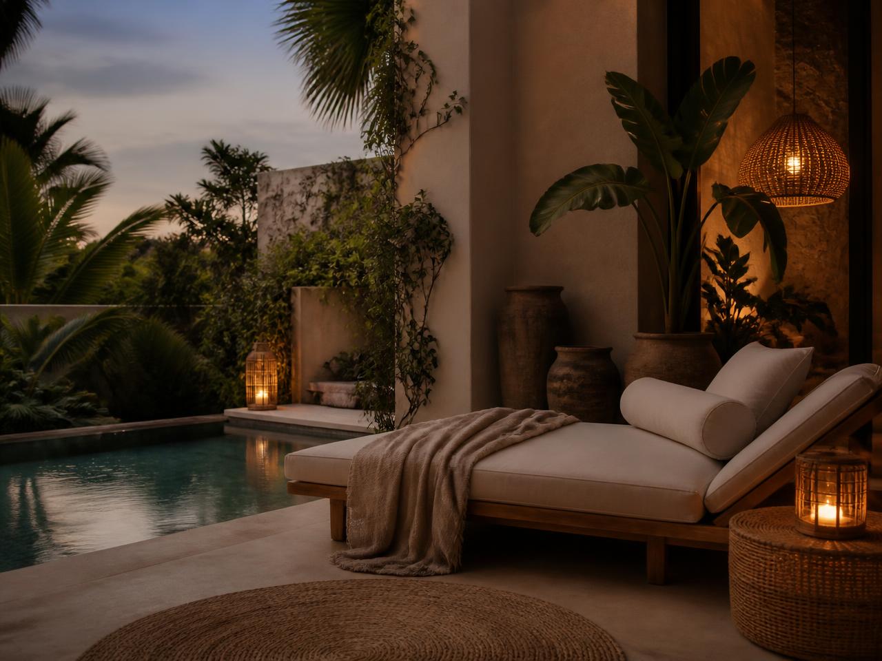 private villa terrace with plunge pool, linen daybed and lantern light at dusk